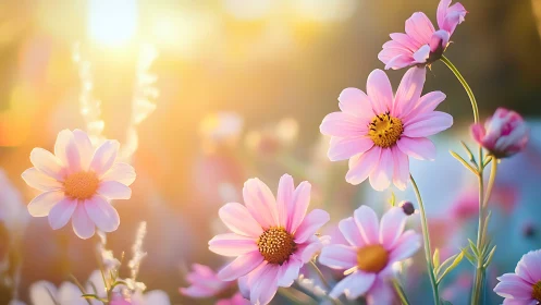 Pink cosmos flowers bloom in golden hour sunlight with bokeh background.