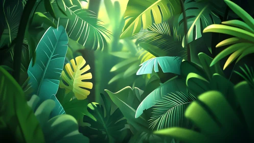Sunlit stylized tropical jungle with dense green foliage.