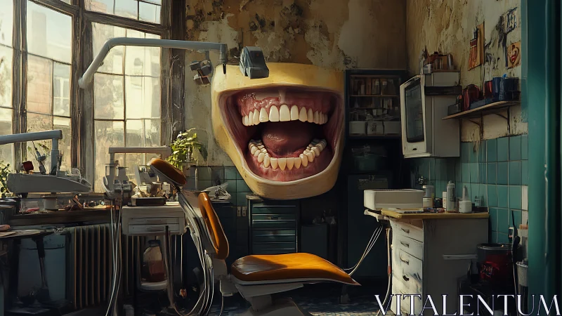 Surreal decayed dental clinic with giant floating mouth installation.