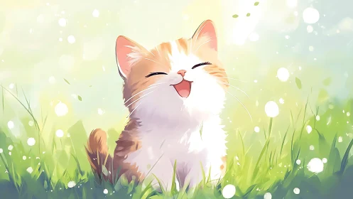 Radiant Whisker Symphony: Orange Tabby's Blissful Grin in Dreamy Meadow.