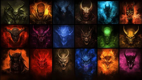 Elemental demonic portraits grid with horned skull visages in fire and mist