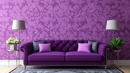 Purple sofa against patterned wall defines interior layout