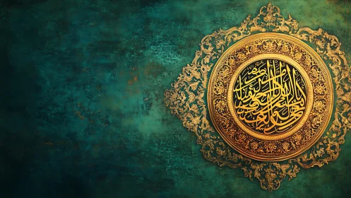 Gold Arabic calligraphy medallion on textured teal field.