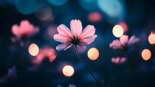 Pink Cosmos Petals with Bokeh Light Elements.