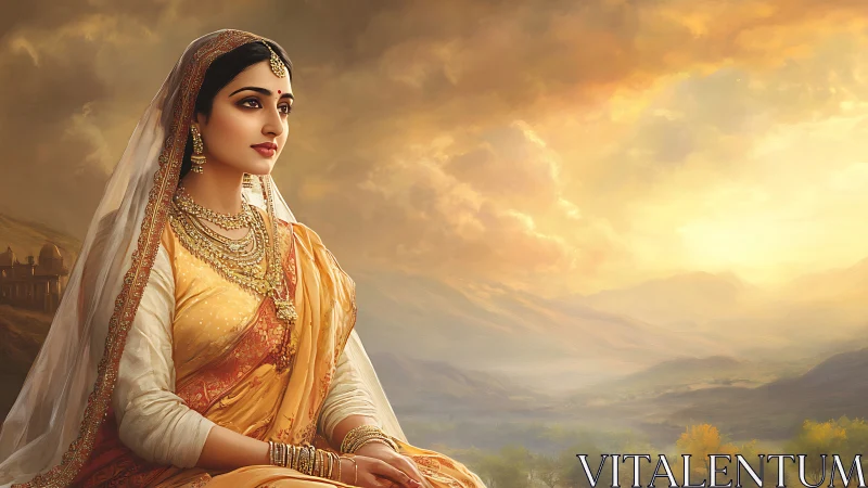 Digital painting shows seated woman in sari before landscape