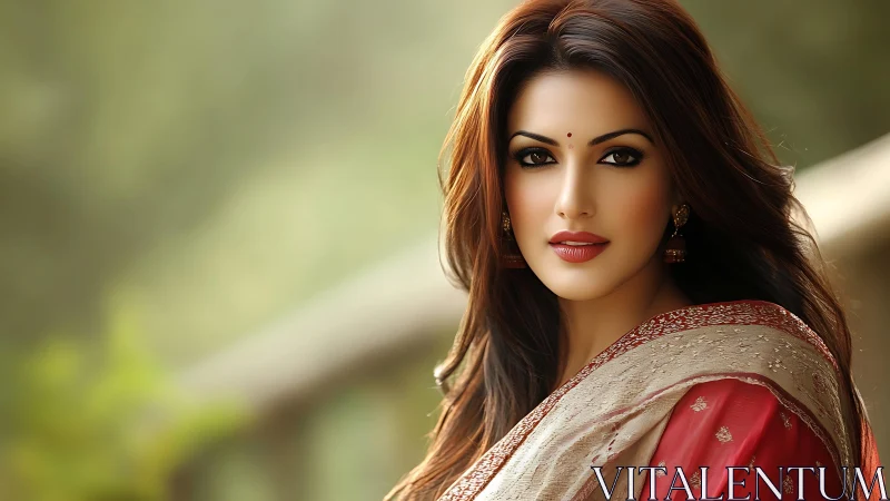 Woman in traditional sari poses outdoors in soft daylight