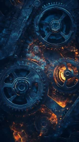 Industrial gearwork over molten core in cinematic contrast.