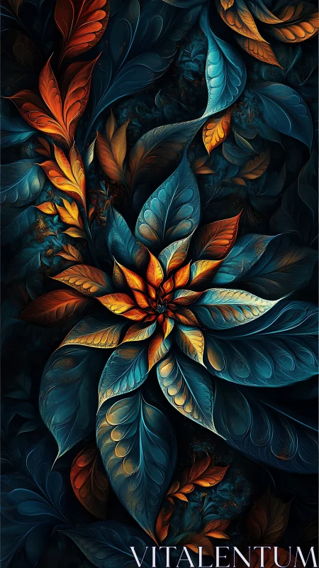 Luminous teal and ember fractal flora unfolding at night.