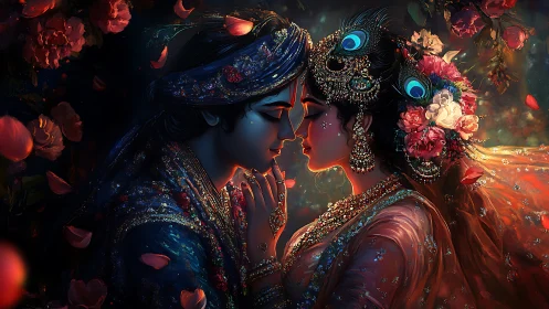 Ornamental figures in dramatic atmospheric lighting with floral elements.