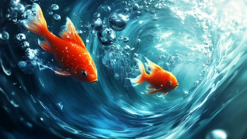 Goldfish rocket through a swirling tunnel of sapphire water