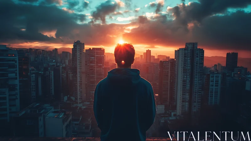 Silhouette of person observing high rise city at sunset.