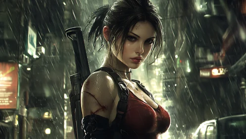 Rain-soaked cyberpunk warrior in neon-lit alleyway vigil.