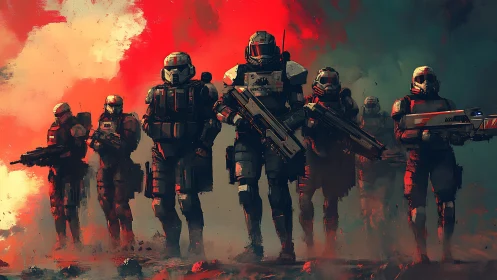 Heavily armored sci fi infantry squad advancing through red haze
