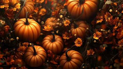 Pumpkins rest among dense orange flowers in warm light