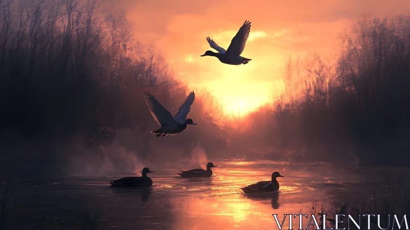 Ducks carve liquid sunlight across a misty sunset marsh.