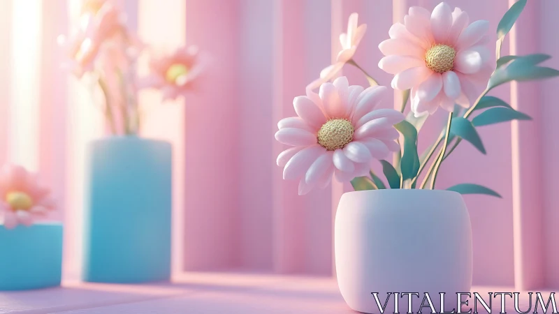 Soft pink daisies in matte ceramic vases under pastel light
