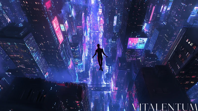 Silhouetted figure drifting above neon cyberpunk avenue.