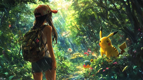 Human figure observes yellow creature in rainlit forest clearing