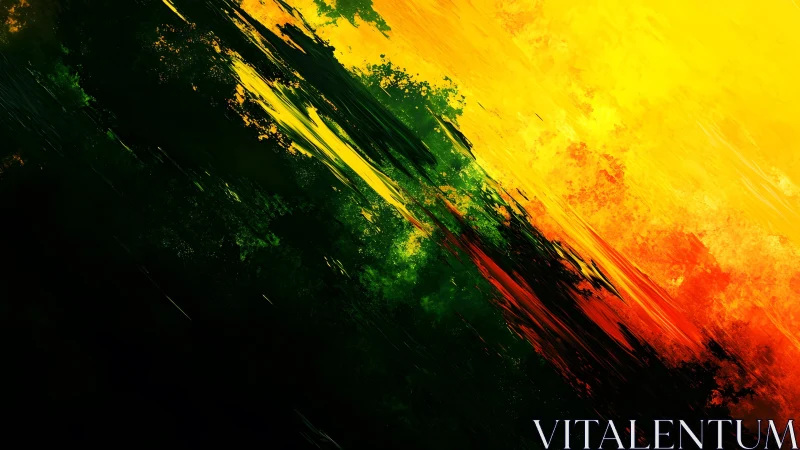 Vibrant Diagonal Abstract Painting with Red, Yellow, and Green Tones.