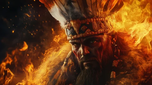 Portrait of feathered headdress figure amid dense flames.