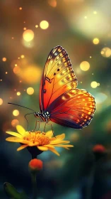 Orange butterfly on yellow flower in glowing bokeh garden.