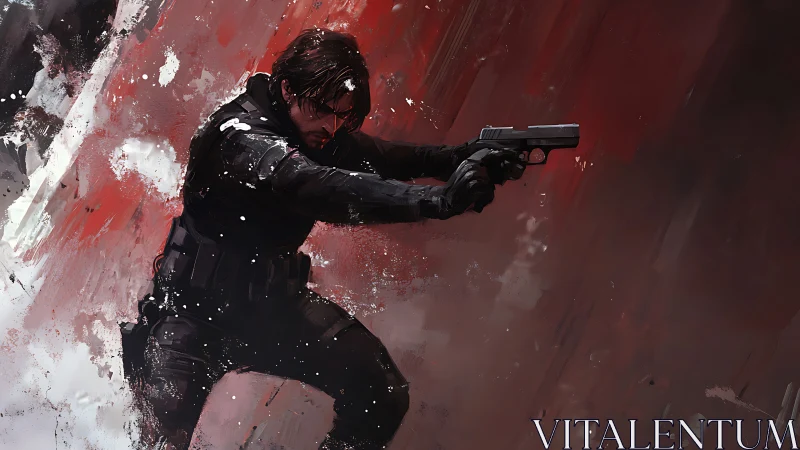 Gunmetal drift in a crimson storm of fractured resolve.