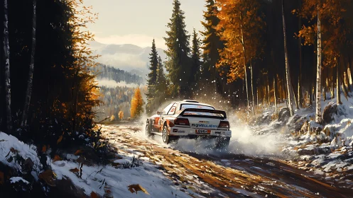 Rally beast carves snowy autumn forest trail with fury.