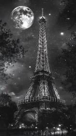 Eiffel Tower stands lit at night under enlarged full moon