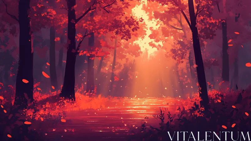 Fiery Forest Path Engulfed Autumn Blaze.