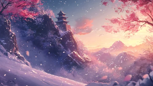 Mountain temple overlooks snowy valley under pink dawn sky
