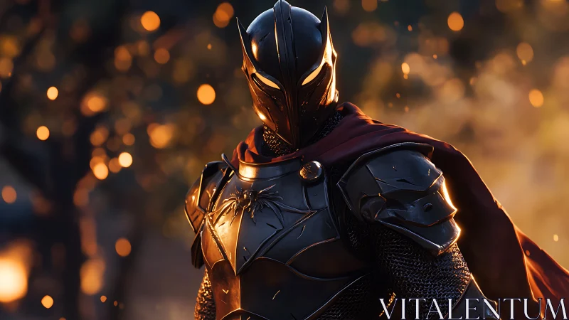 Midnight knight stands ready beneath a glowing ember sky