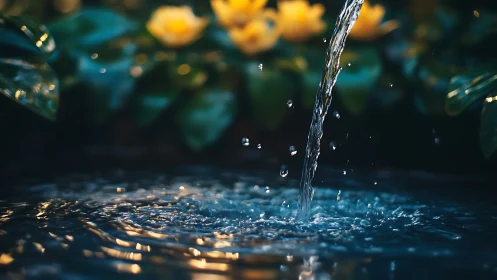 Garden fountain stream splashing into tranquil blue pool.