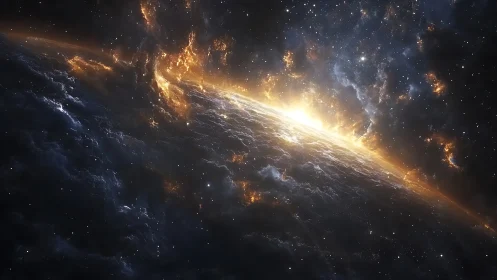 Fiery cosmic sunrise over clouded alien world in space.