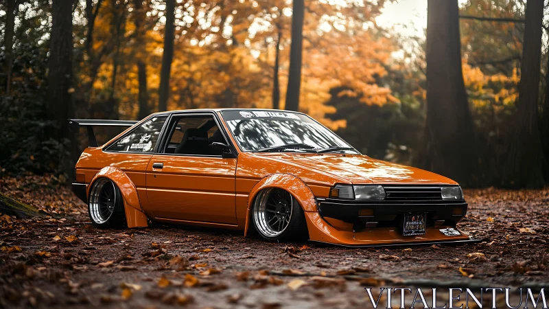 Stanced orange drift car in autumn forest setting.