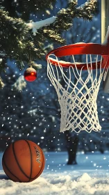 Snow covered basketball hoop stands beside ornamented tree
