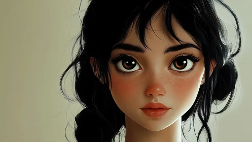 Digital portrait of young woman with large brown eyes.