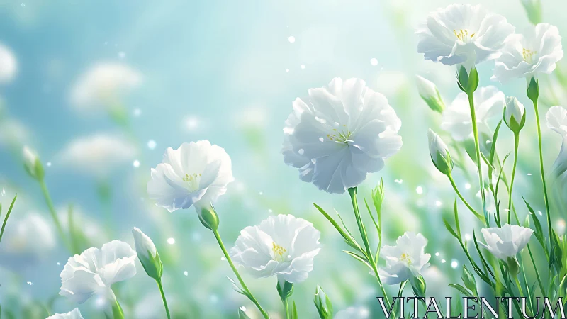 White carnation flowers rendered with bokeh atmospheric effects