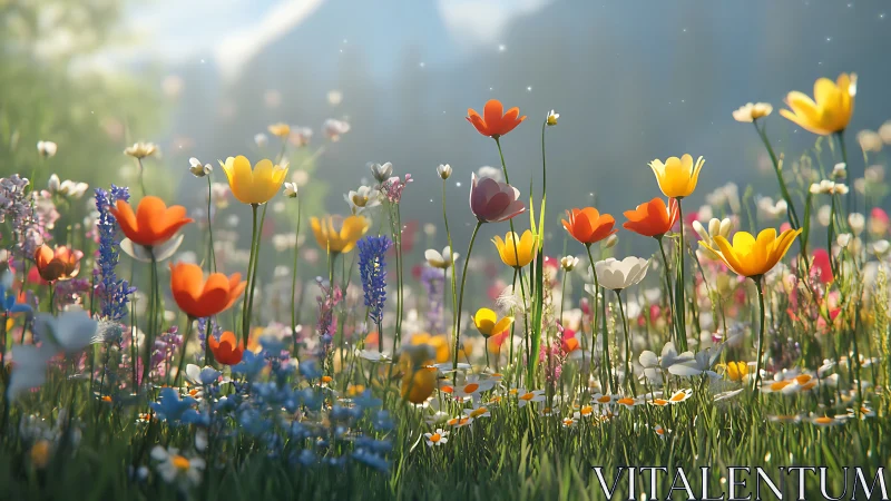 Vibrant Flower Meadow Bathed in Golden Spring Light