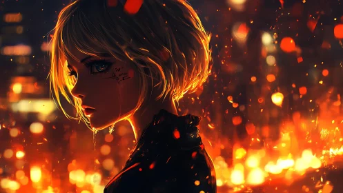 Solitary cyberpunk girl watches burning city at night.