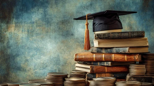 Graduation cap rests on stacked books beside coin columns