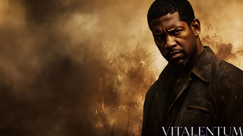 Brooding man in dramatic sepia-toned cinematic portrait.