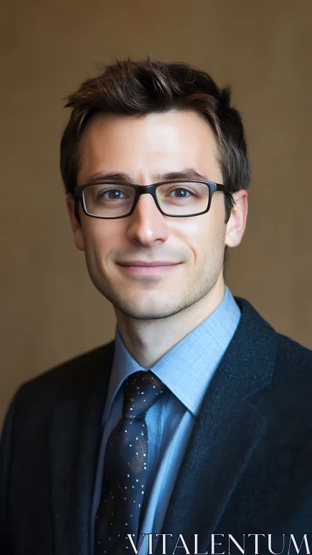 Professional headshot of young man in suit and glasses.