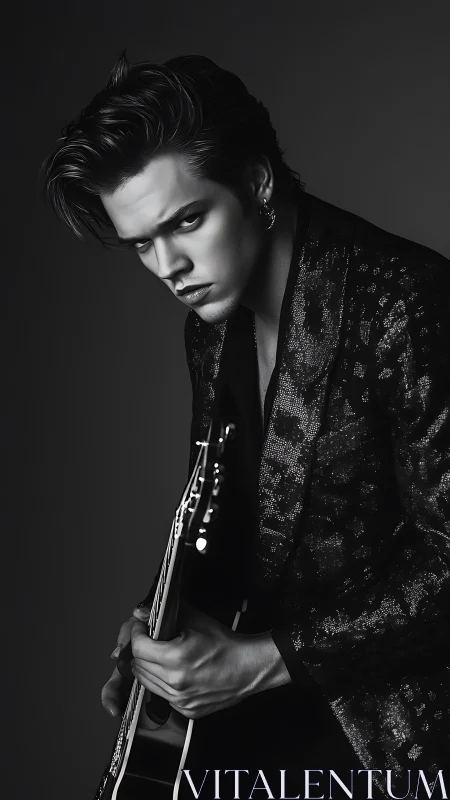 Moody monochrome guitarist radiates dark stage charisma.