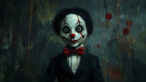 Sinister clown doll in tattered suit against smeared wall.