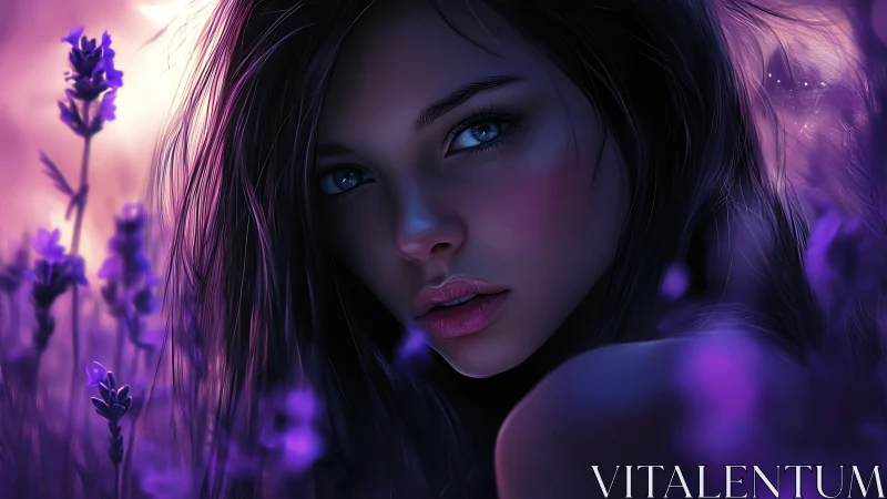 Lavender field portrait with luminous violet dusk glow.