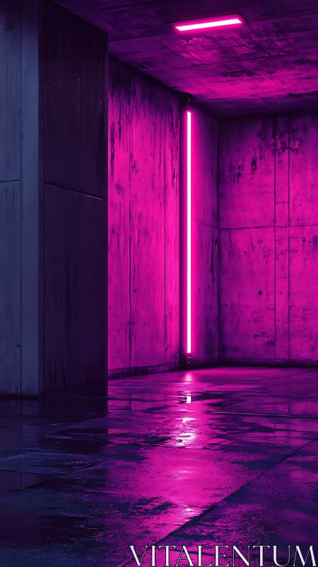 Neon magenta corridor with reflective wet concrete floor.