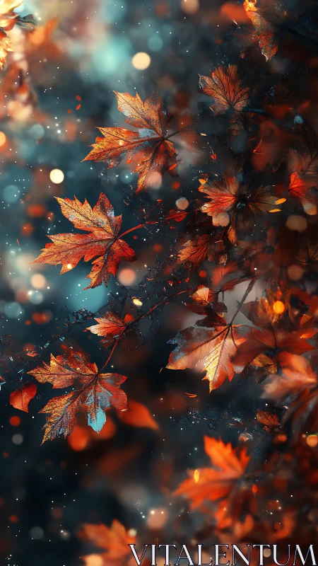 Glowing autumn leaves drift softly through a dreamy twilight