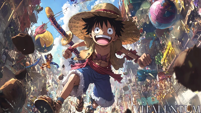 Energetic straw-hatted hero sprinting through crowded festival street.