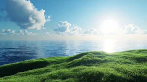 Coastal grassland under low sun with calm ocean horizon rendering