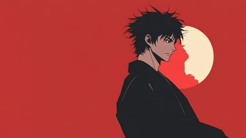 Anime man in profile stands before stylized red sun